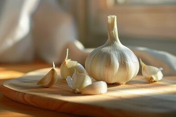 Garlic bulb on wooden kitchen table. Generative AI