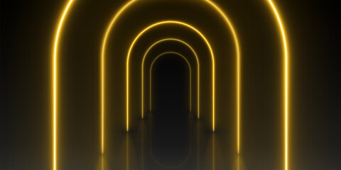 Black runway stage or corridor with neon yellow arch. Realistic 3d vector illustration of perspective hall or catwalk podium with golden light led arc. Abstract futuristic portal or night club walkway