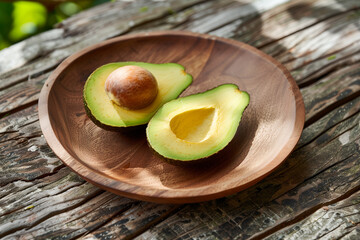 Sliced half of ripe Avocado fruit and its pit exposed and sitting on wooden plate. Generative AI