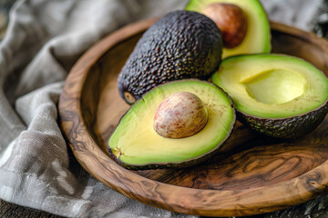 Sliced half of ripe Avocados fruit and its pit exposed and sitting on wooden plate. Generative AI