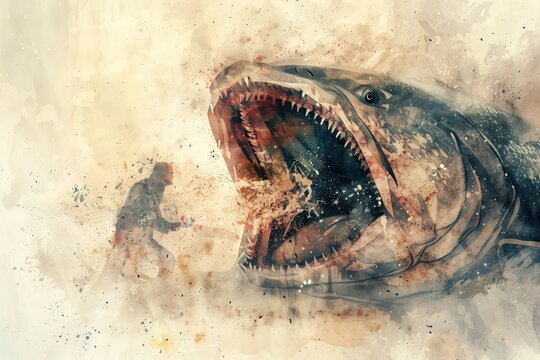 Shark with open mouth sharp teeth. Person stands next to shark holding fishing rod on grayish-brown beach water. Biblical scene of Jonah swallowed by giant fish in watercolor style.