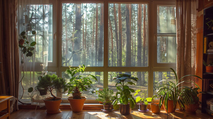 plants in the pots near the window