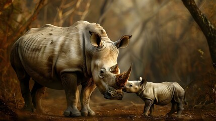 Fototapeta premium Mother and baby rhino getting ready to drink