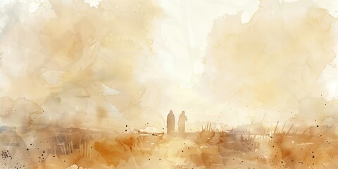 Desert landscape with two silhouetted figures standing away from viewer. Dry brown sand dunes stretch to horizon creating sense of depth and vastness. Hazy orange sky adds warm earthy tones to scene.