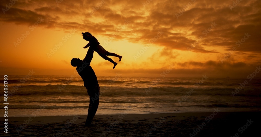 Poster Dad, child and lift at sunset, beach and silhouette with airplane, bonding and care on vacation. Love, father and kid with throw in air, games and playful in nature with connection by ocean in Spain