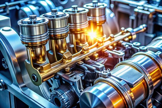 Powerful engine's piston pumps up and down in cylinder, lubricated by oil, driving gears in motion, showcasing inner mechanical workings of a high-performance vehicle.