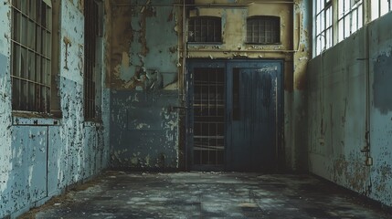 Obraz premium A dark and eerie room with blue-green walls and a large metal door. The room is in disrepair, with peeling paint and broken windows. The floor is covered in dust and debris.