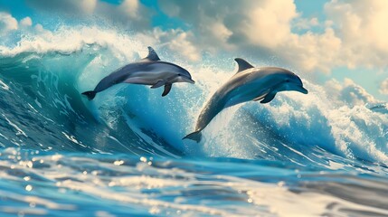 Playful dolphins jumping over breaking waves in Hawaii