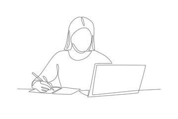 A woman who pays attention to lessons. Online education concept one-line drawing