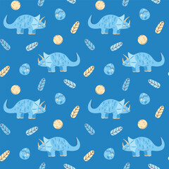 Seamless pattern with cute dinosaurs. Kawaii character. Flat vector illustration for children