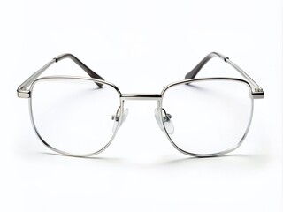 Transparent eyeglasses with sleek metal frames and clear lenses sit solo on a pure white background, waiting to be added to your visual project.