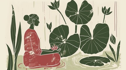 A serene illustration of a woman in a lotus pose, practicing guided meditation, surrounded by lush plants. The stylized art emphasizes tranquility and mindfulness.