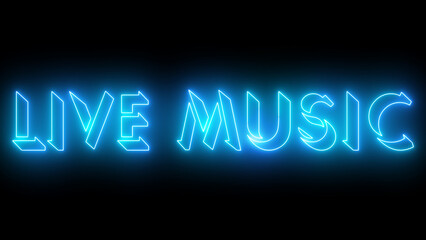 Live Music text animation. Easy to put into any video. Neon-colored text with a glowing moving outline on a dark background. Technology video material animation.