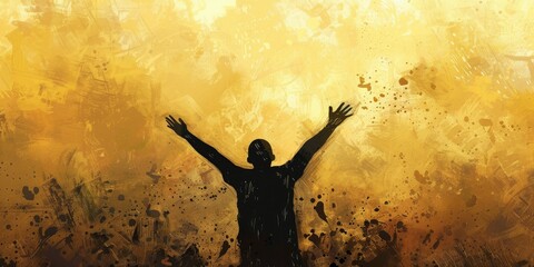 Watercolor artwork of spiritually uplifted man raising arms to worship god. Religious and spirituality concept.
