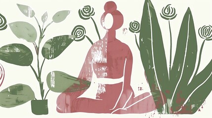 A serene guided meditation concept featuring a female in the lotus pose, surrounded by lush plants in a stylized illustration. Perfect for wellness and mindfulness themes.