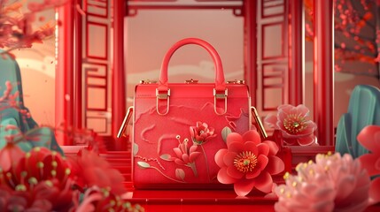 Design a 3D visualization of a vibrant red cartoon festive bag against a detailed Chinese ancient background, combining playful animation with cultural heritage