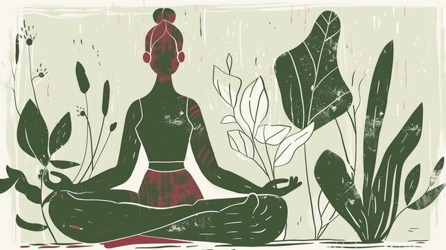 A serene stylized illustration of a woman in the lotus pose, surrounded by lush plants, embodying the essence of guided meditation and inner peace.