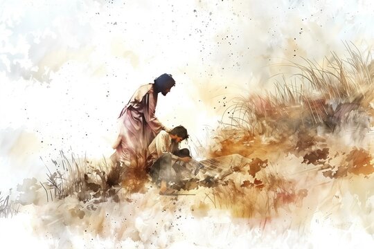 Man helps injured child on roadside, watercolor painting style. Kindness, compassion, humanity scene. Illustrations, editorial content, social media posts about empathy, charity.