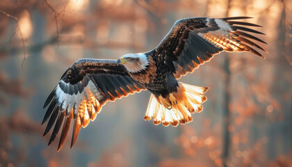 Obraz premium A majestic bald eagle soars gracefully through the sky, showcasing its impressive wingspan