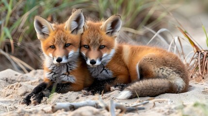 Wild baby red foxes cuddling at the beach