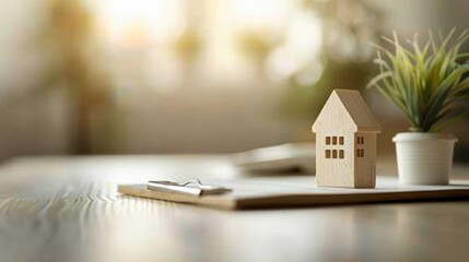 Wooden house model and potted plant on table in bright, blurred room. Ideal for real estate, home decor, or lifestyle themes.