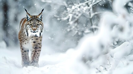 Fototapeta premium Lynx walking in the snow - Winter wildlife in Europe