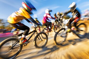 Blurred image of BMX racers competing on a dirt track.