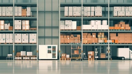Efficient Workflow in a Modern Fulfillment Center - Vector Illustration with Sorting, Packing, and Shipping Sections