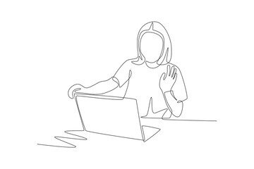 Woman ending online learning. Online education concept one-line drawing