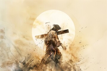 Jesus Christ carrying cross with empty sun circle behind him. Minimalist watercolor painting of Jesus with brown robe on neutral background. High-resolution image with ethereal atmosphere.