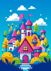 Magical forest cottages.Fairytale cottage photo.Whimsical forest scene. Dreamy photo of enchanting fairy tale cottages nestled in a magical forest.Vibrant photo of whimsical cottages surrounded by for