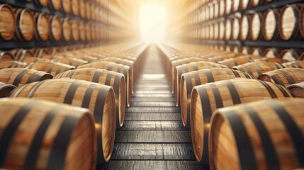 Fototapeta premium A row of wooden barrels stacked on top of each other