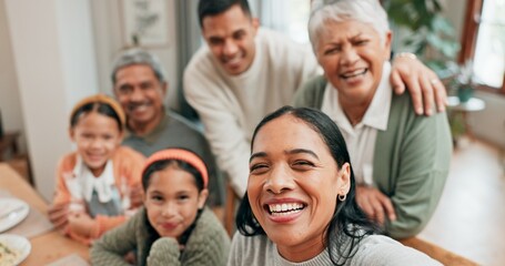 Family, house and happy with selfie for dinner in table for memories, profile picture and social media. People, grandparents and kids with bonding for love, support and care on thanksgiving gathering