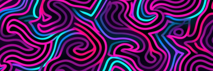 An abstract design of pink, blue, and purple neon swirls on a black background