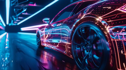 Avantgarde Futuristic Car with Holographic Light Projections in a Sci-Fi Setting