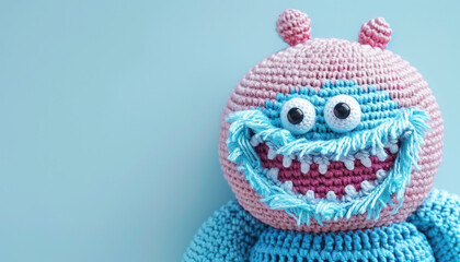 Close up of a pink and blue crocheted monster on a blue background, great for arts and toy lovers