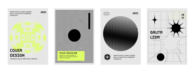 Posters with silhouette minimalistic basic figures, extraordinary graphic assets of geometrical shapes swirl style. Modern minimal monochrome print brutalist.