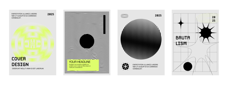 Posters with silhouette minimalistic basic figures, extraordinary graphic assets of geometrical shapes swirl style. Modern minimal monochrome print brutalist.