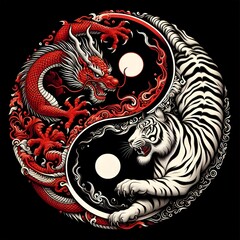 AI Generate A Red Dragon and White Tiger fighting in circle create a yin yang pattern	