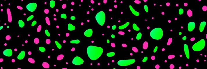 A black background filled with various shapes in shades of green and pink
