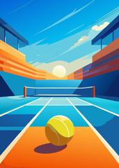 A tennis ball on the court: a vivid photo.Sports: a tennis ball on a blue map.Dynamic tennis: a photo of a tennis ball.A tennis ball on a blue court: a photo in bright colors.Vector illustration of a 