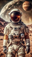 Naklejka premium Astronaut in spacesuit exploring distant moonlike terrain with rocky surface and distant planets