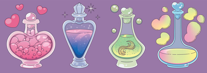 Magic potion bottles set isolated on background. Contemporary vector cartoon illustration of glass flasks with pink love, shimmering blue, toxic green, yellow medicine liquid, heart bubbles in air