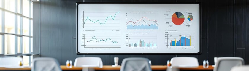 Business meeting scene with a closeup of a whiteboard filled with charts and graphs