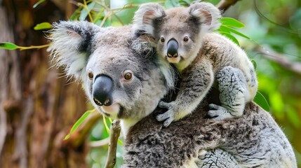 Obraz premium Mother koala with baby on her back