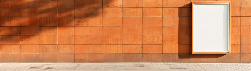 Fototapeta premium Blank vertical outdoor billboard on a modern brown tiled wall with shadow and sunlight effects. Perfect for mockups, advertisements, and promotions.