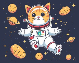 Fototapeta premium Cute cartoon astronaut cat floating in space with planets and asteroids on a dark starry background.