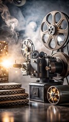 Obraz premium Nostalgic film projector with glowing light and stacked film reels