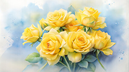 watercolor painting bouquet vibrant yellow roses glass vase white background creative detailed brush stroke minimal splash