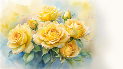 watercolor painting bouquet vibrant yellow roses glass vase white background creative detailed brush stroke minimal splash